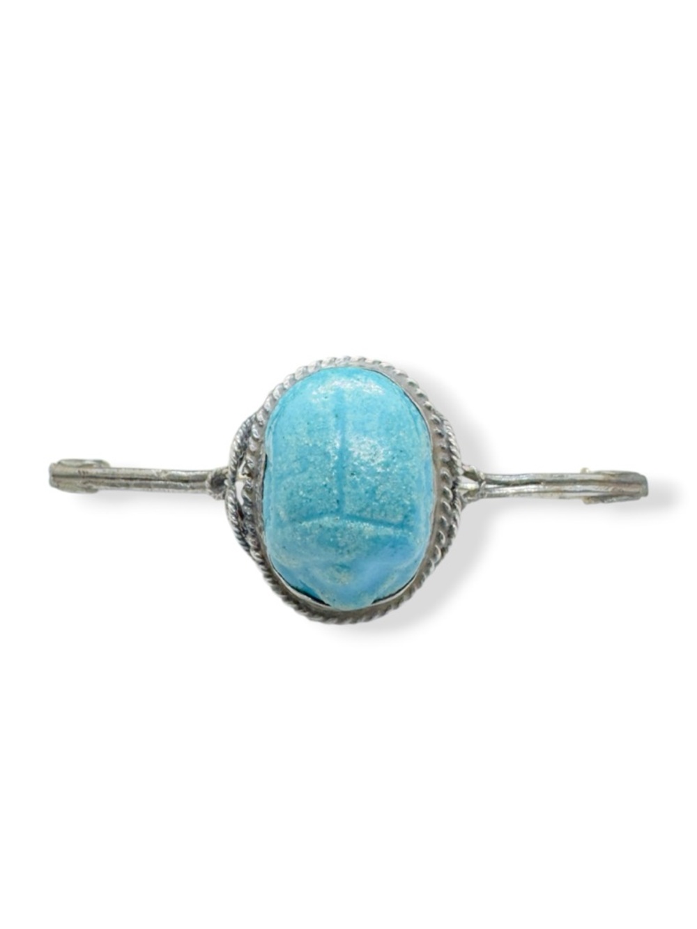 Vintage Egyptian Revival Silver & Turquoise Scarab Bar Brooch